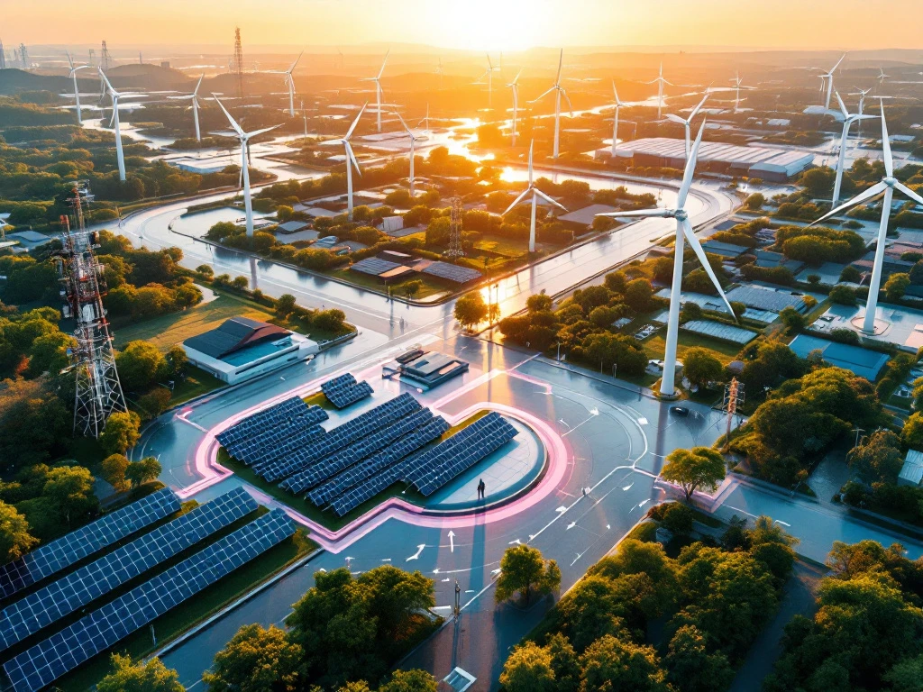 Luchtfoto van duurzame energielandschap met windturbines, zonnepanelen en telecommunicatietorens in gouden uurtje