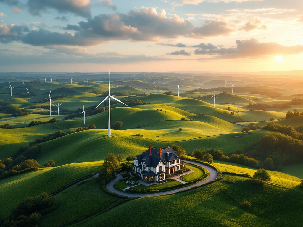Luchtfoto van groene heuvels met windmolens en telecommunicatietorens bij een landgoed tijdens gouden uur