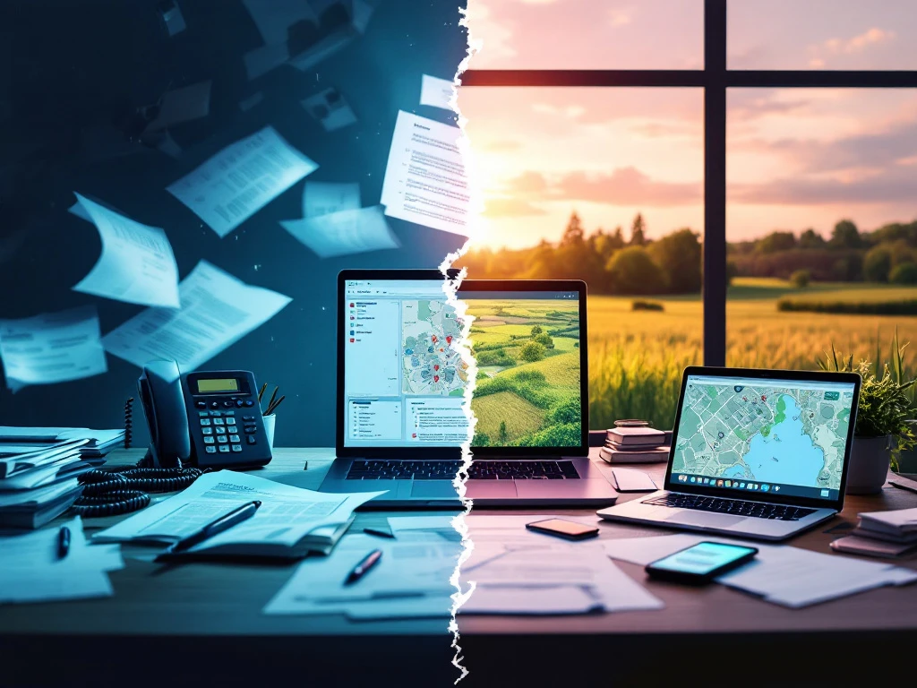 Gestresste vastgoedbeheerder aan bureau met documenten en telefoons naast vredig landschap, werk-privébalans contrast