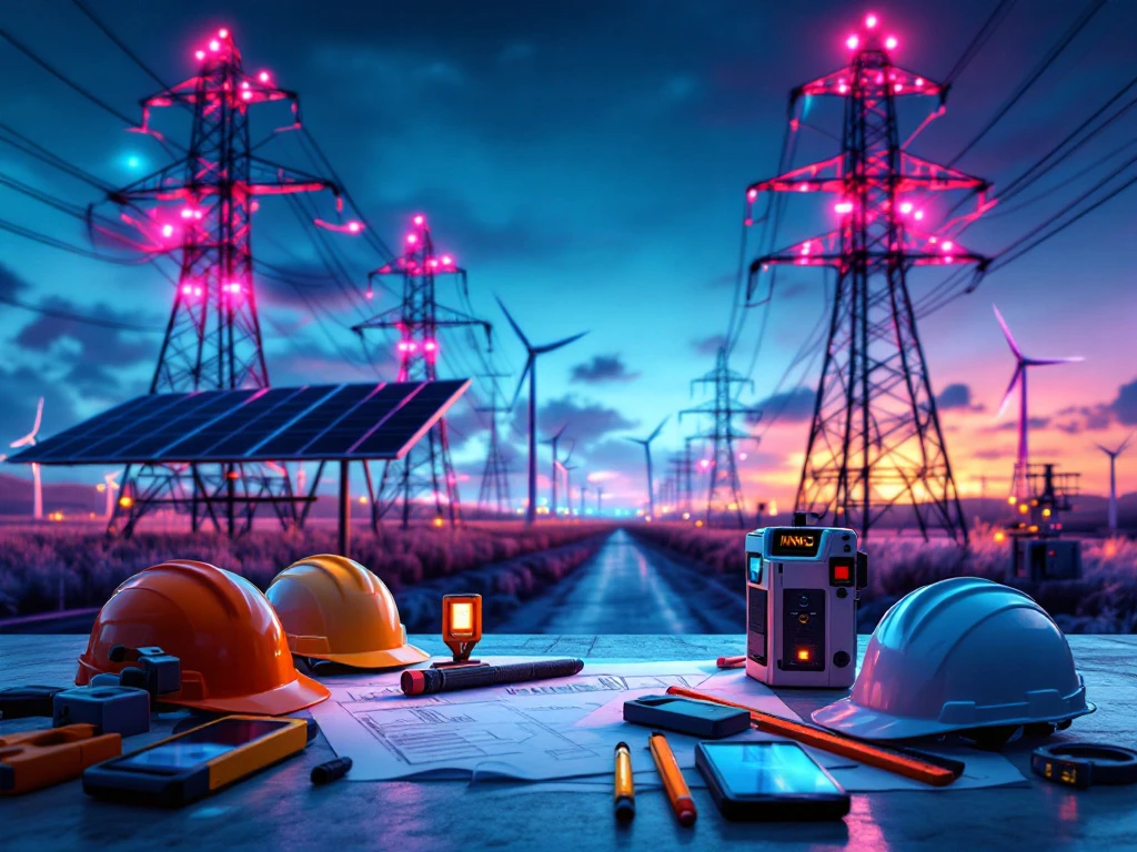 Moderne energie-infrastructuur met hoogspanningsmasten, zonnepanelen, windturbines en technische gereedschappen