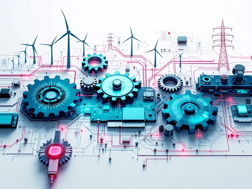 Mechanische tandwielen en elektrische componenten in teal en marineblauw tonen energie-infrastructuur samenwerking