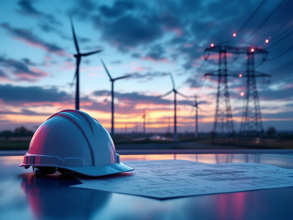 Windturbines en elektriciteitstorens bij dageraad met technische blauwdrukken, helm en tablet op voorgrond