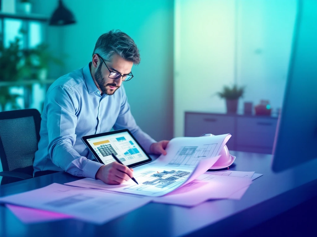 Hoofdingenieur bestudeert bouwblauwdrukken en technische documenten op een modern bureau met INNSO-gekleurde apparatuur in een professionele kantooromgeving.