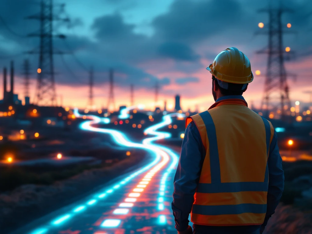 Leidinggevend ingenieur bij loopbaankruispunt kijkt naar verlichte paden met telecomtorens, symboliserend carrièremogelijkheden in INNSO