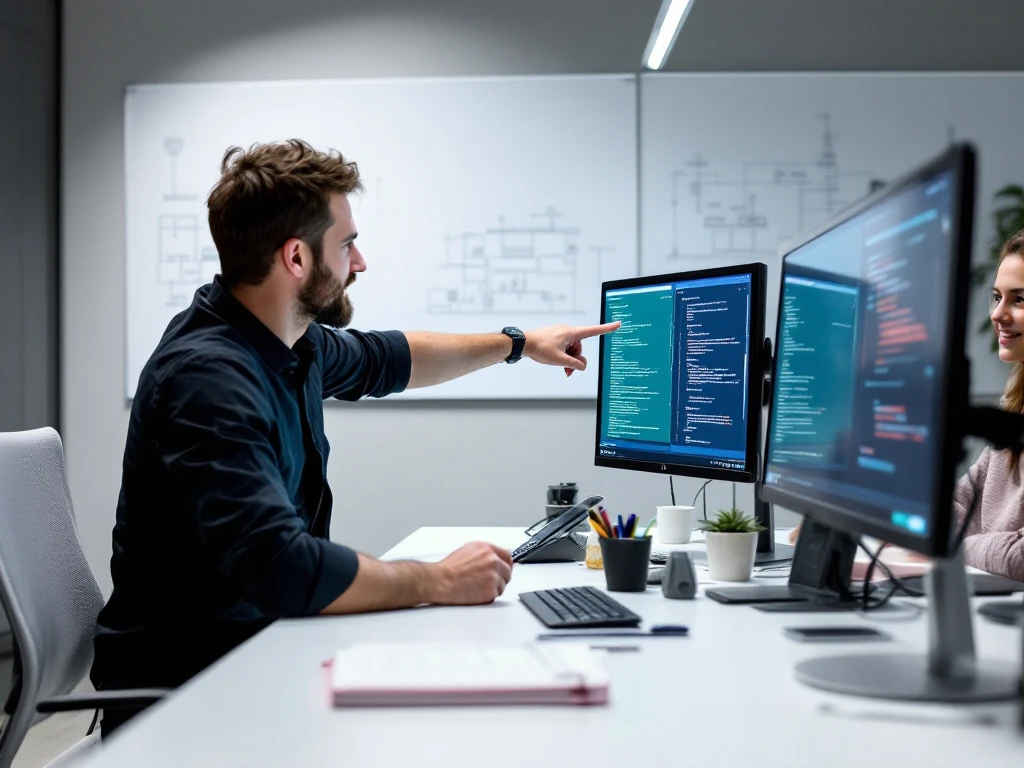 Senior en junior professional werken samen aan code op een INNSO-werkplek met teal en navy interfaces, terwijl telecomdiagrammen zichtbaar zijn op een whiteboard.
