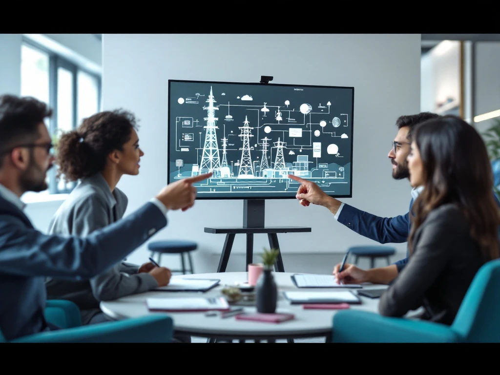 Kennisoverdracht in een modern kantoor waar een team samenwerkt rond een infrastructuurdiagram met telecom- en energiesymbolen in INNSO