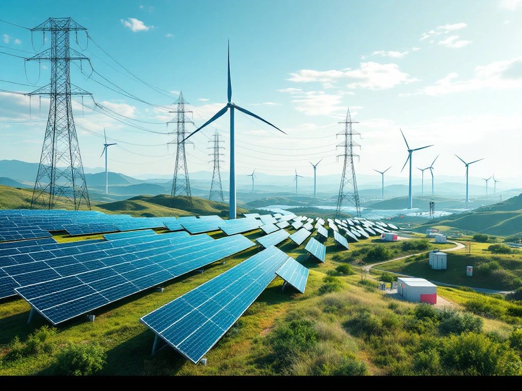 Moderne energie-infrastructuur met zonnepanelen, windturbines en hoogspanningsmasten vanuit vogelperspectief