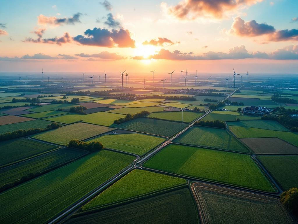 Luchtfoto van Nederlandse landbouwvelden met windmolens en zendmasten tijdens gouden uur, duurzame infrastructuur