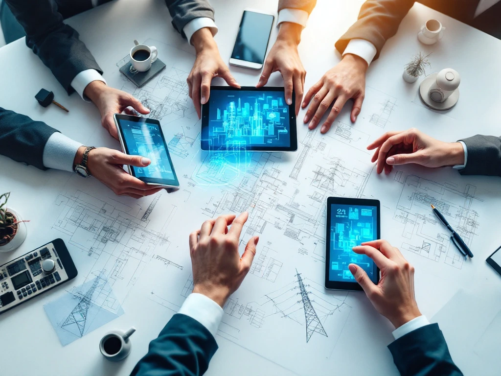 Handen bespreken technische documenten op professionele werkplek met blauwdrukken, tablets en telecommunicatie-modellen