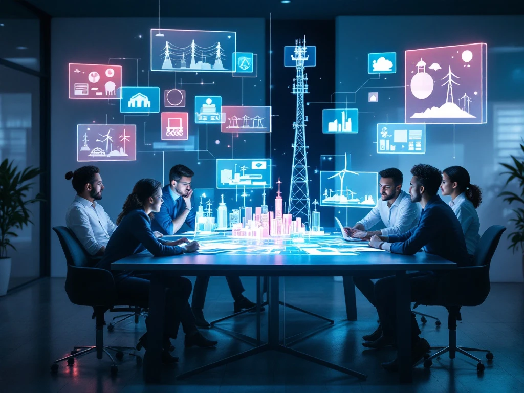 Divers technisch team werkt samen rondom holografische projectplannen met telecomtorens en energiestructuren, verlicht in INNSO
