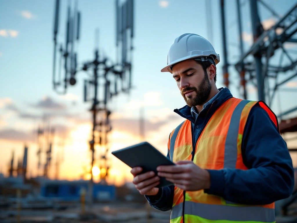 Hoofdingenieur in veiligheidsuitrusting inspecteert telecominfrastructuur op bouwplaats met tablet, tegen achtergrond van moderne toren en glasvezelkabels.