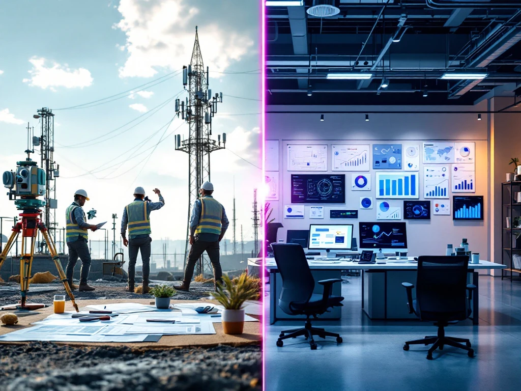 Split-screen van telecommunicatietoren met landmeetapparatuur en modern kantoor met projectbeheercharts en blauwdrukken