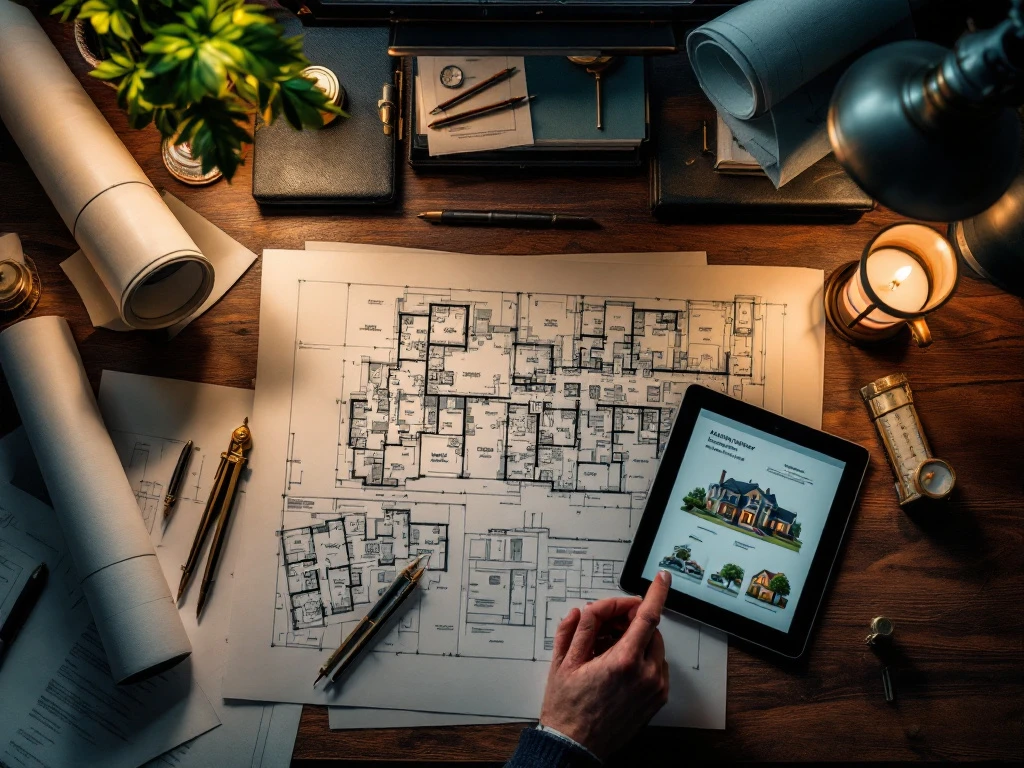 Estate manager bureau met blauwdrukken, kompas en tablet op mahoniehout tafel met dramatische verlichting