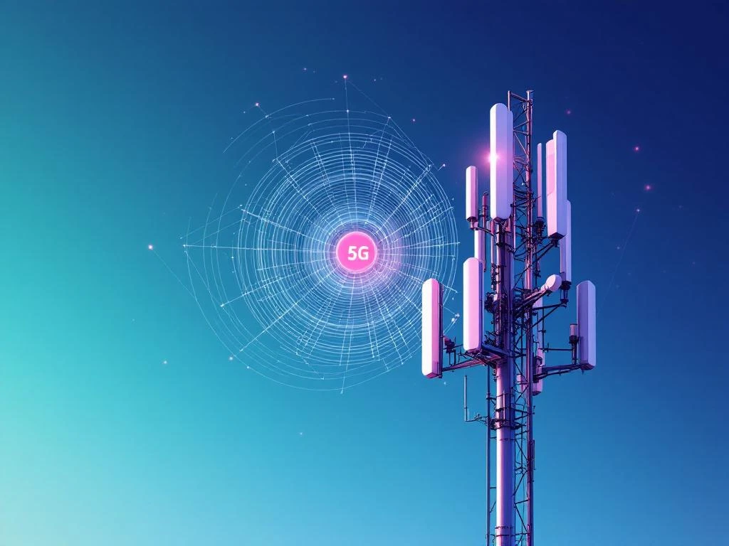 5G antenne-array met radiofrequentiegolven tegen gradiëntlucht, metallic oppervlakken reflecteren technische precisie