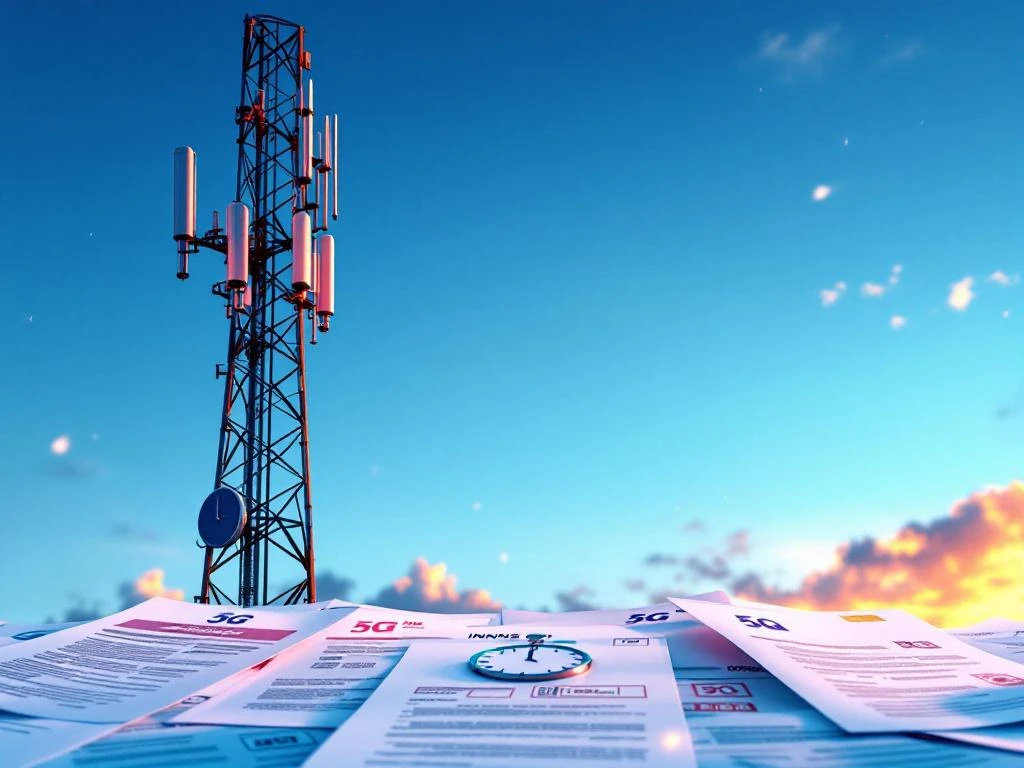 5G-telecommunicatiemast met vergunningsdocumenten en goedkeuringsstempels in INNSO-merkkleuren tegen heldere hemel