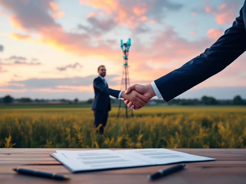 Zakelijke handdruk bij 5G-zendmast op landbouwgrond met contracten op tafel, technologie-infrastructuur en grondeigendom