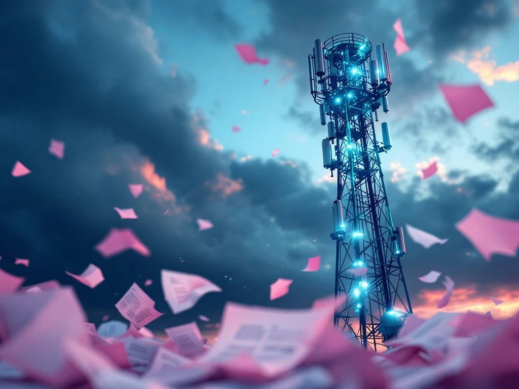 5G-zendmast met juridische documenten en hamer op voorgrond tegen dramatische hemel, technologie en recht concept