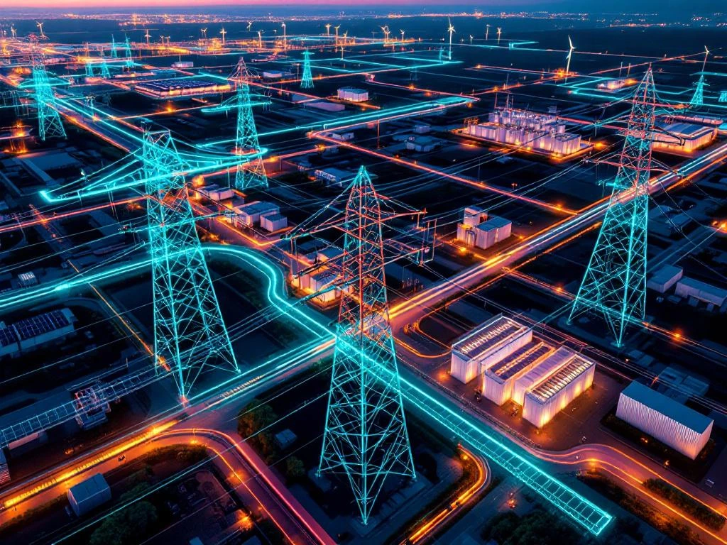 Luchtfoto van hoogspanningsmasten en elektriciteitsgrid bij zonsondergang met zonnepanelen en windturbines
