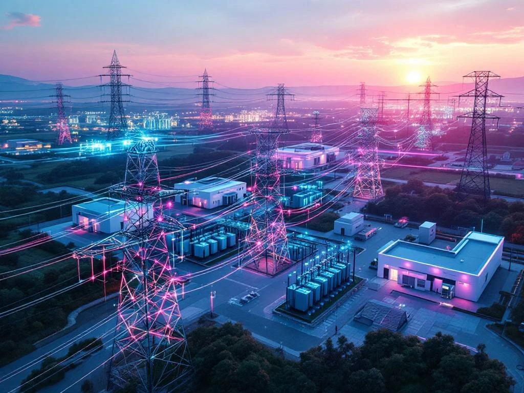 Luchtfoto van moderne hoogspanningsmasten en elektriciteitsnetten met transformatorstations bij zonsondergang