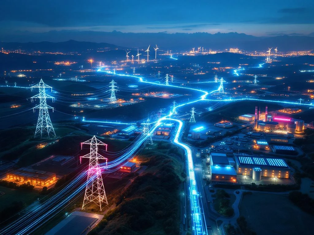 Luchtfoto van verlicht energienetwerk met hoogspanningsmasten, zonnepanelen en windturbines bij schemering