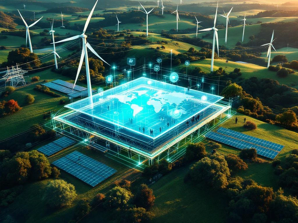 Luchtfoto van moderne duurzame energie-infrastructuur met windturbines, zonnepanelen en diverse professionals rond holografische projectkaart
