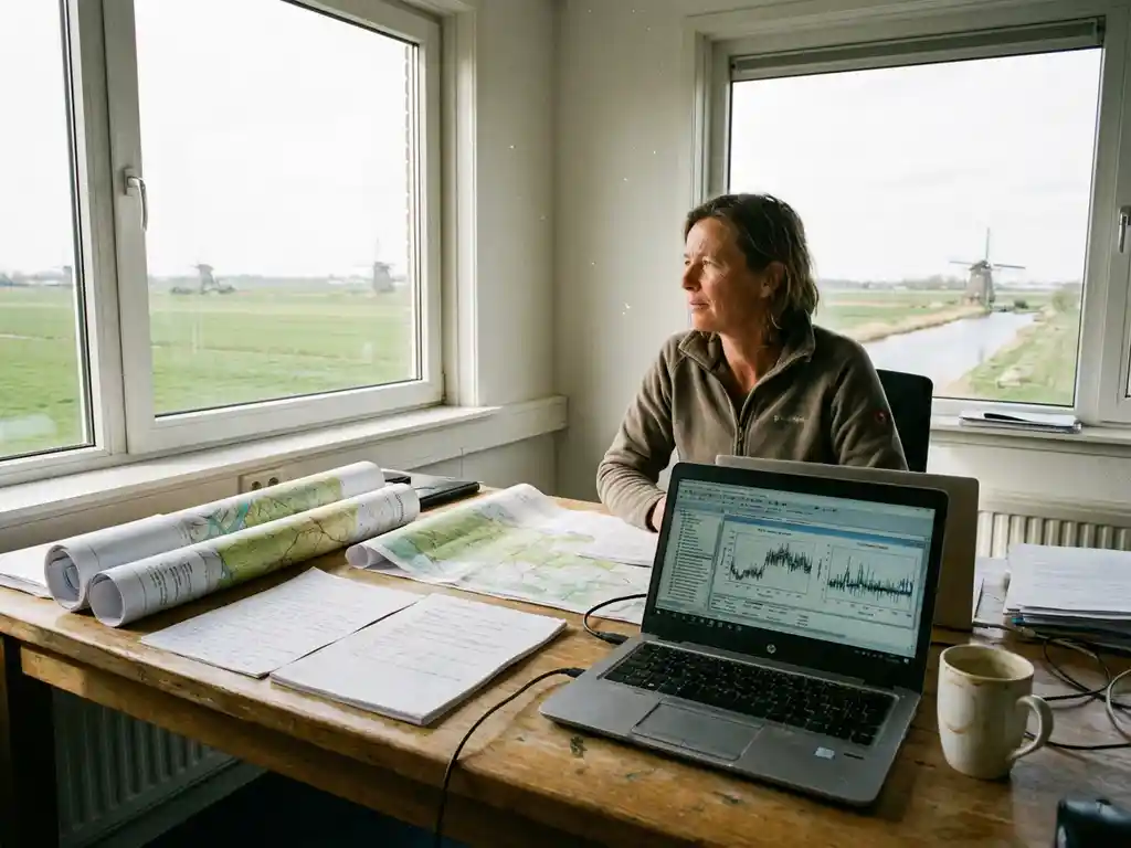 Milieuconsultant aan bureau met laptop en kaarten, kantoor met uitzicht op Nederlands landschap met windmolens