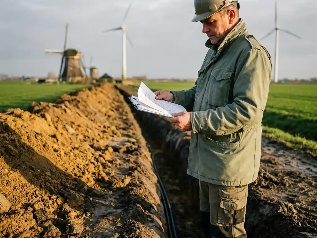 Projectmanager bekijkt grondverwervingsdocumenten bij een kabelsleuven in een Nederlands polderlandschap met windmolens op de achtergrond.