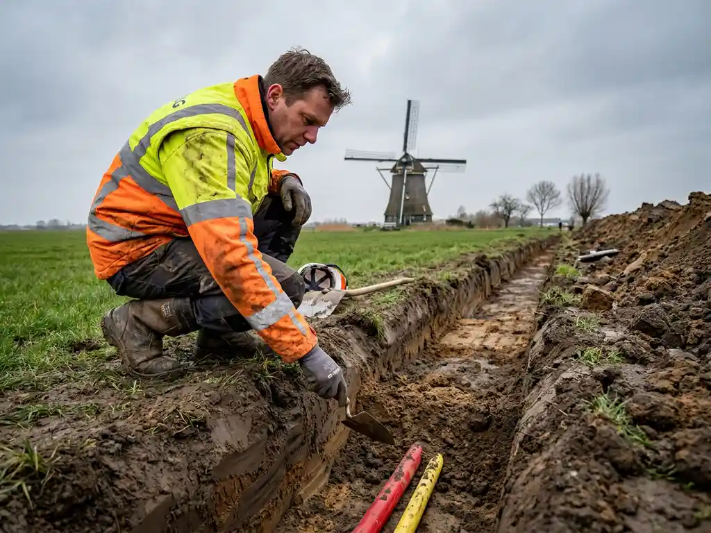 Infrastrukturarbeider in oranje veiligheidsvest onderzoekt kabelbuizen in een uitgegraven sloot in een Hollands polderlandschap met molen op de achtergrond.