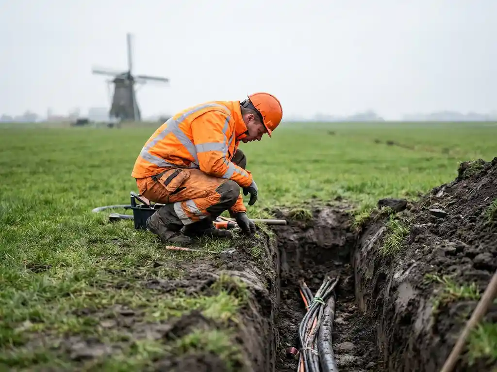 Infrastructuurmedewerker in oranje veiligheidsvest inspecteert kabels en leidingen in open sleuf in Nederlands polderlandschap met molen op achtergrond.