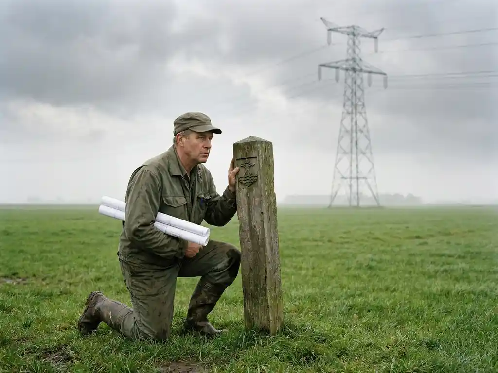 Landmeter knielt bij houten grenspaal in Nederlands polderlandschap, met opgerolde documenten en hoogspanningsmast op de achtergrond.