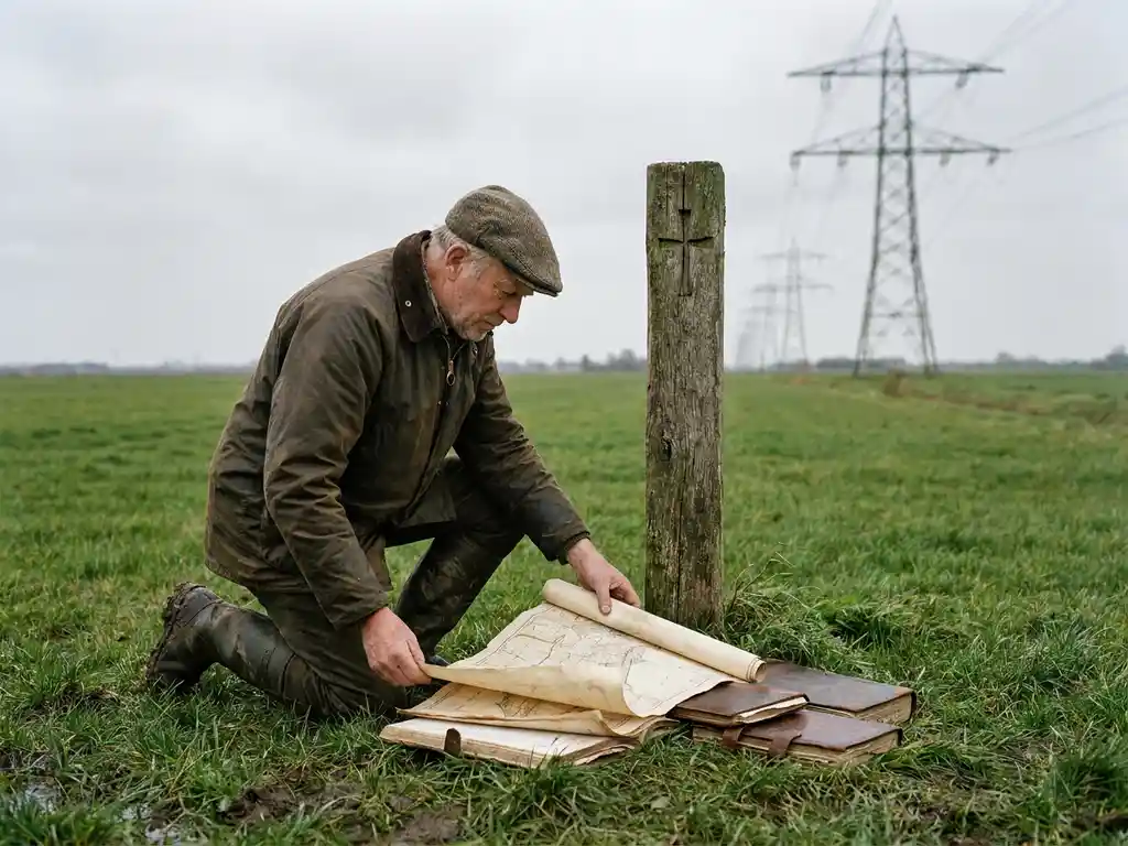 Landmeter knielt naast verweerde houten grenspaal in Nederlands poldergebied, met kadastrale documenten op het gras.