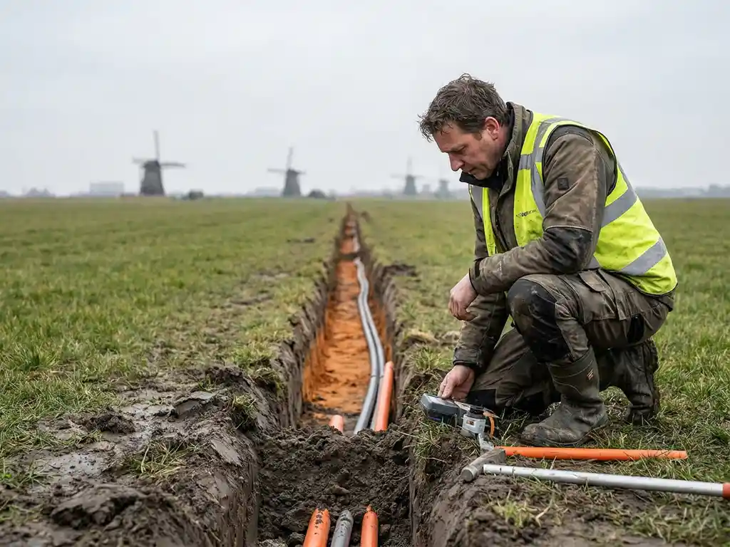 Landmeter knielt bij uitgegraven kabelgeul in Nederlands poldergebied, oranje kleigrond met mantelbuis, windmolens op horizon.