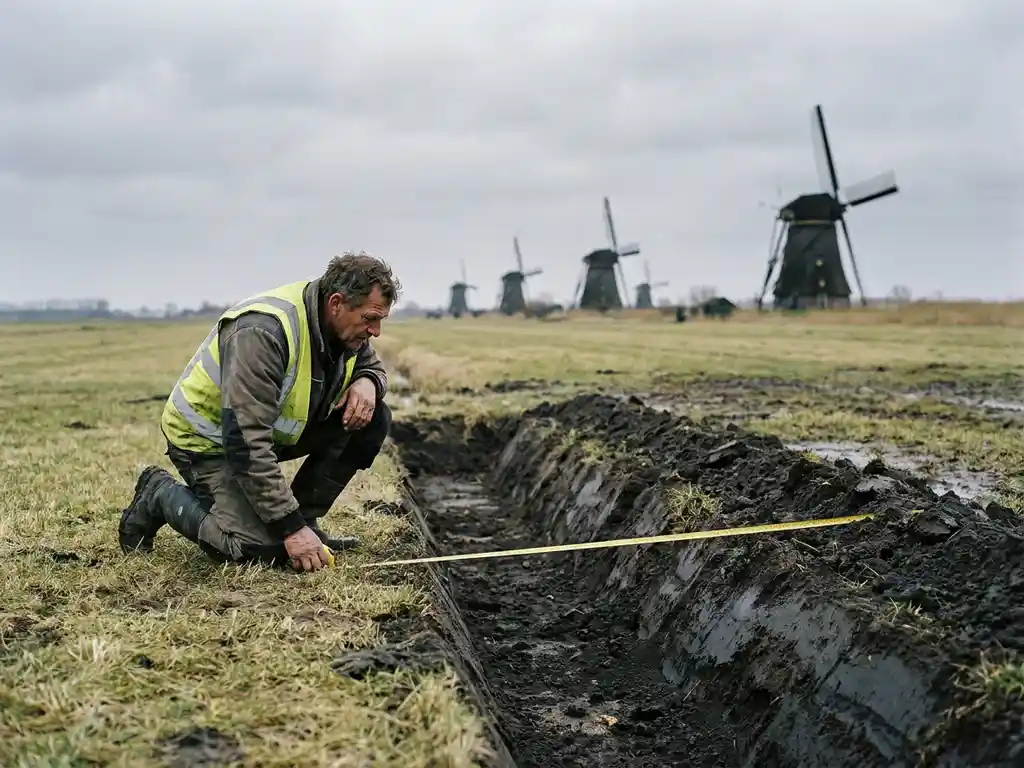 Landmeter met meetlint naast een smalle kabelgeul in een Nederlands polderlandschap met windmolens op de achtergrond.