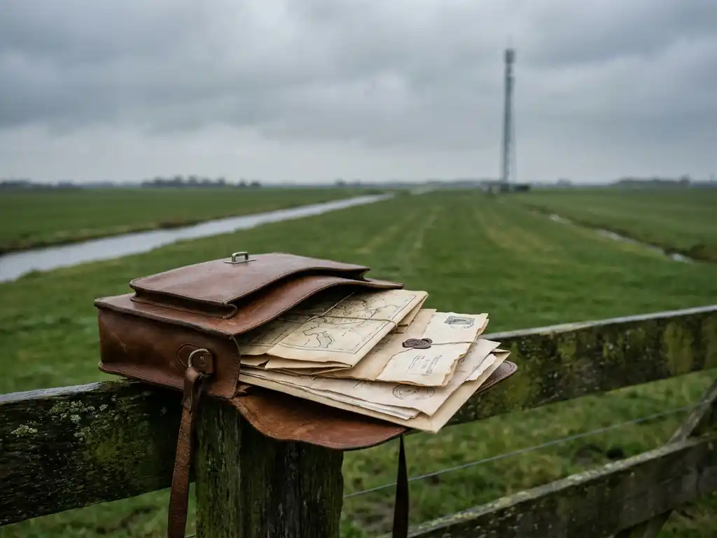 Versleten leren documentenmap met officiële gestempelde papieren op een verweerde houten hek, vlak polderlandschap op de achtergrond.