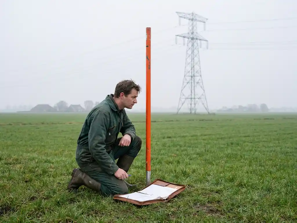 Landmeter knielt bij oranje meetpaal in Nederlands polderlandschap, hoogspanningsmast in mistige achtergrond, groene weilanden.