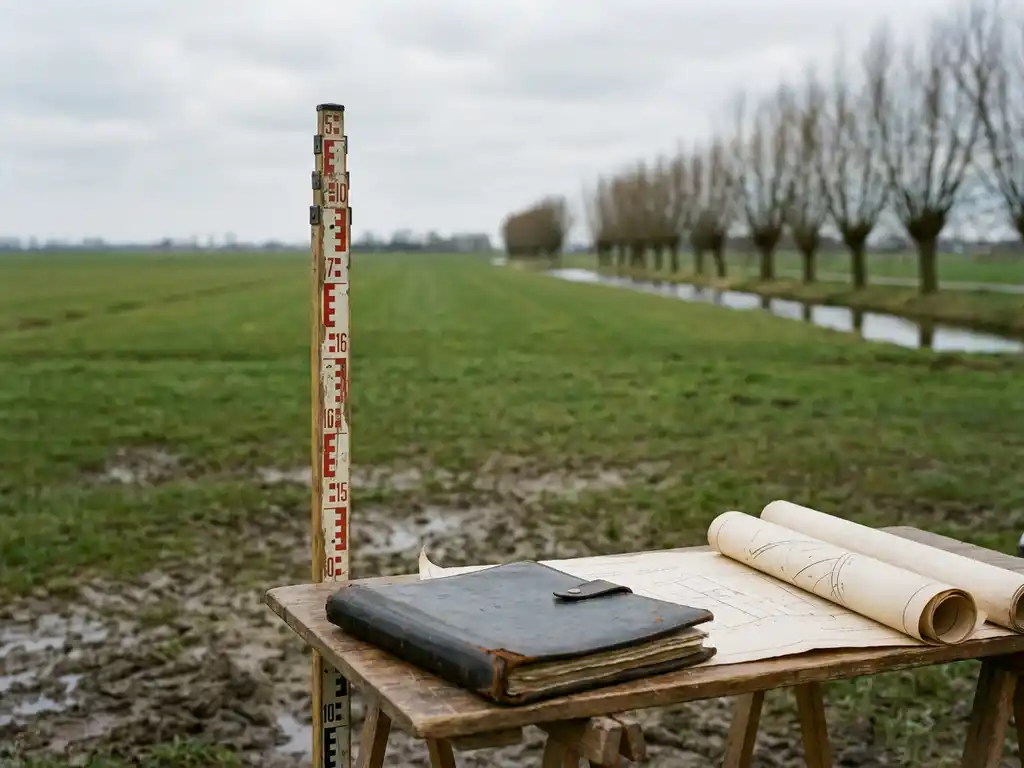 Landmeetpaal in een Nederlands polderlandschap met vlakke weilanden, een rij knotwilgen langs een sloot en kadastrale kaarten op een veldtafel.