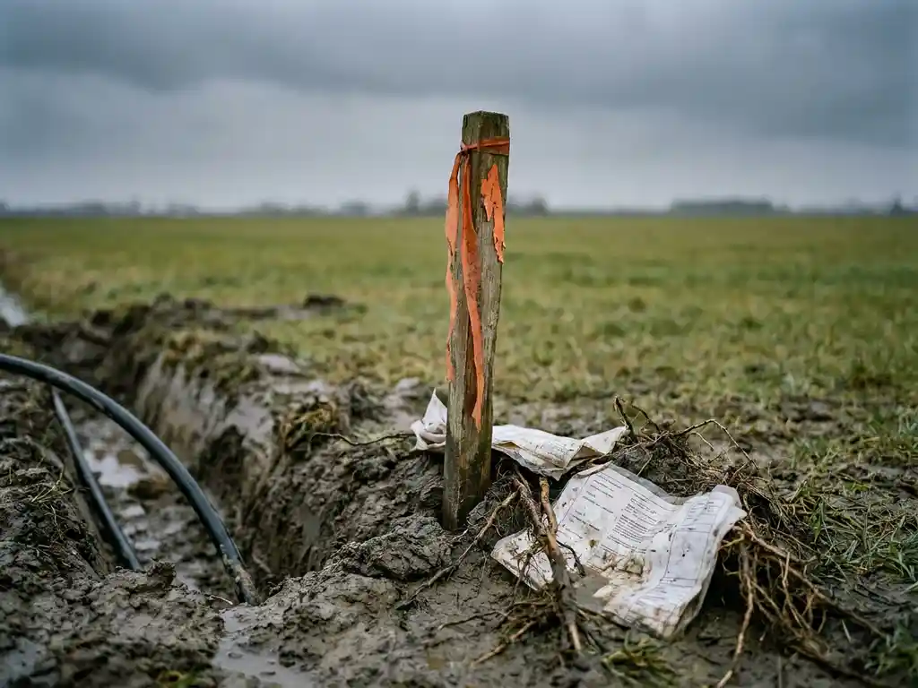 Verweerde landmeetpaal in drassige polderboderm naast een open kabelgeul, vergunningspapieren half begraven in de modder, bewolkte horizon.